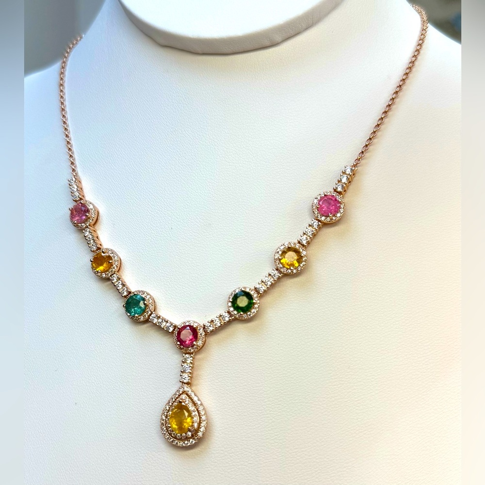 NTR11  5.2CT Natural Rainbow Tourmaline Station Necklace 18K Rose Gold S925